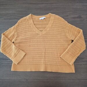 Loft Mustard Yellow V-Neck Textured Cotton Knit Sweater Womens Large‎ RN140923
